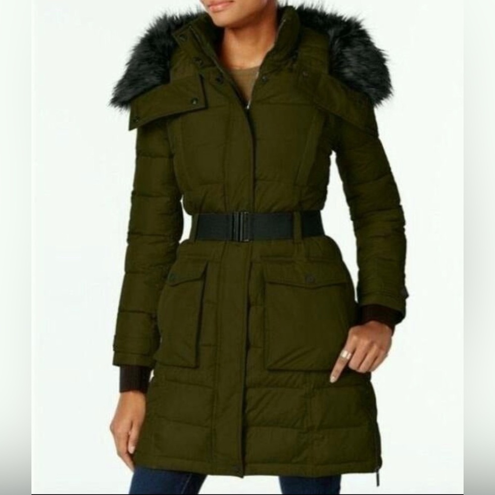 French Connection Puffer Coat Faux Fur Trim Coat In Dark Green Size Large